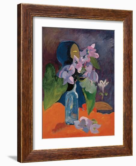 Still Life with Flowers and Idol by Gauguin, Paul Eugene Henri (1848-1903). Oil on Canvas, Ca 1892,-Paul Gauguin-Framed Giclee Print