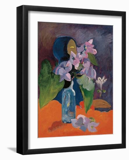 Still Life with Flowers and Idol by Gauguin, Paul Eugene Henri (1848-1903). Oil on Canvas, Ca 1892,-Paul Gauguin-Framed Giclee Print