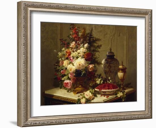 Still life with flowers and raspberries-Jean Baptiste Robie-Framed Giclee Print