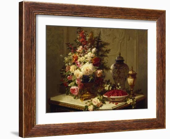 Still life with flowers and raspberries-Jean Baptiste Robie-Framed Giclee Print