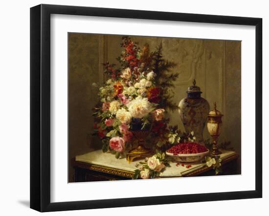 Still life with flowers and raspberries-Jean Baptiste Robie-Framed Giclee Print