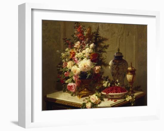Still life with flowers and raspberries-Jean Baptiste Robie-Framed Giclee Print