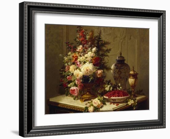 Still life with flowers and raspberries-Jean Baptiste Robie-Framed Giclee Print