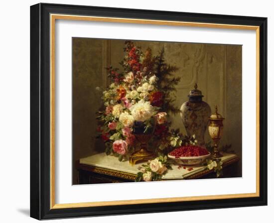 Still life with flowers and raspberries-Jean Baptiste Robie-Framed Giclee Print