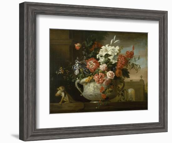 Still Life with Flowers in an Urn, with a Monkey, on a Ledge, C.1699-Jakob Bogdani Or Bogdany-Framed Giclee Print