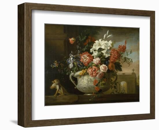 Still Life with Flowers in an Urn, with a Monkey, on a Ledge, C.1699-Jakob Bogdani Or Bogdany-Framed Giclee Print