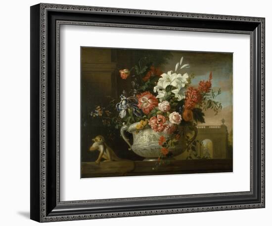 Still Life with Flowers in an Urn, with a Monkey, on a Ledge, C.1699-Jakob Bogdani Or Bogdany-Framed Giclee Print