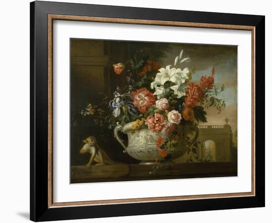 Still Life with Flowers in an Urn, with a Monkey, on a Ledge, C.1699-Jakob Bogdani Or Bogdany-Framed Giclee Print