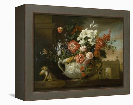 Still Life with Flowers in an Urn, with a Monkey, on a Ledge, C.1699-Jakob Bogdani Or Bogdany-Framed Premier Image Canvas