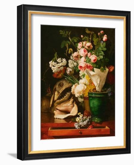 Still Life with Flowers, Shells, a Shark's Head, and Petrifications, 1819 (Oil on Canvas)-Antoine Berjon-Framed Giclee Print