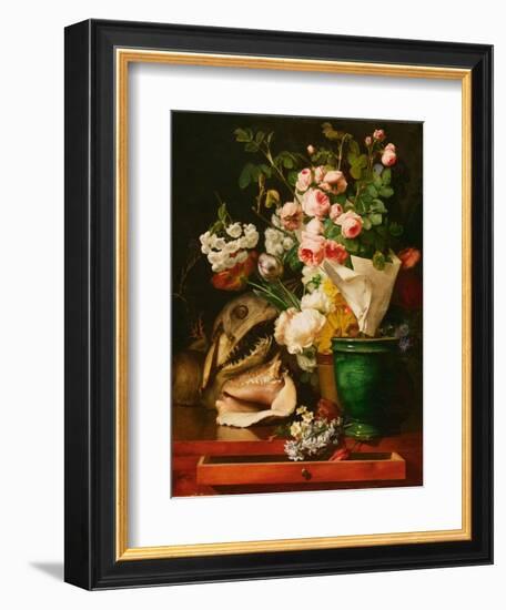 Still Life with Flowers, Shells, a Shark's Head, and Petrifications, 1819 (Oil on Canvas)-Antoine Berjon-Framed Giclee Print