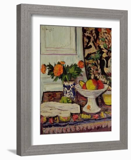 Still Life with Fruit and Marigolds in a Chinese Vase, c.1928-George Leslie Hunter-Framed Giclee Print