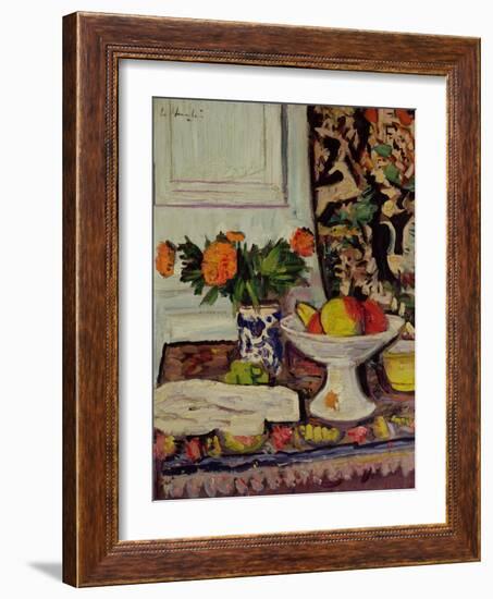 Still Life with Fruit and Marigolds in a Chinese Vase, c.1928-George Leslie Hunter-Framed Giclee Print