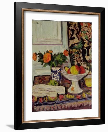 Still Life with Fruit and Marigolds in a Chinese Vase, c.1928-George Leslie Hunter-Framed Giclee Print