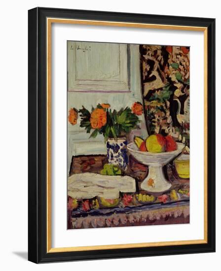 Still Life with Fruit and Marigolds in a Chinese Vase, c.1928-George Leslie Hunter-Framed Giclee Print