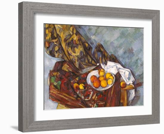 Still life with fruit in front of a floral curtain (Nature morte, rideau à fleurs, et fruits)-Paul Cézanne-Framed Giclee Print