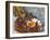 Still life with fruit in front of a floral curtain (Nature morte, rideau à fleurs, et fruits)-Paul Cézanne-Framed Giclee Print