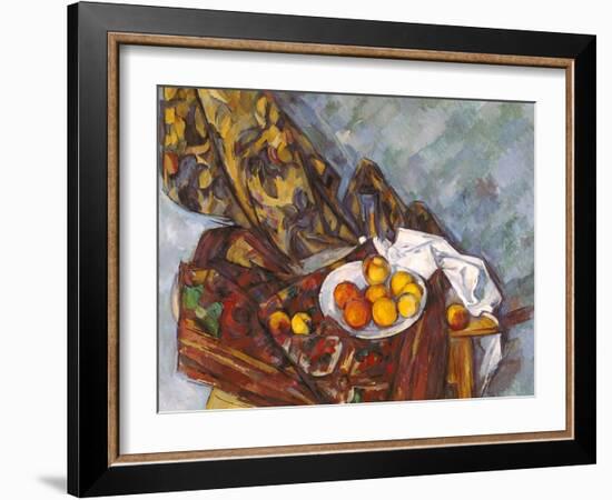 Still life with fruit in front of a floral curtain (Nature morte, rideau à fleurs, et fruits)-Paul Cézanne-Framed Giclee Print