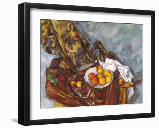 Still life with fruit in front of a floral curtain (Nature morte, rideau à fleurs, et fruits)-Paul Cézanne-Framed Giclee Print