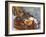 Still life with fruit in front of a floral curtain (Nature morte, rideau à fleurs, et fruits)-Paul Cézanne-Framed Giclee Print