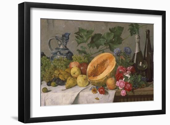 Still Life with Grapes, Pears, Apples and Melon, as Well as a Bottle of Wine-August Jernberg-Framed Giclee Print