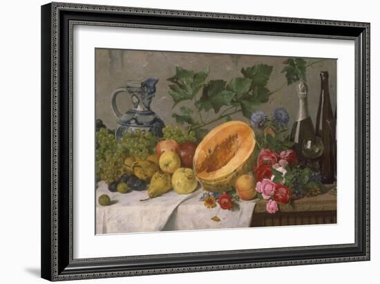 Still Life with Grapes, Pears, Apples and Melon, as Well as a Bottle of Wine-August Jernberg-Framed Giclee Print