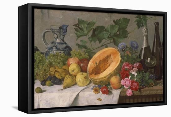 Still Life with Grapes, Pears, Apples and Melon, as Well as a Bottle of Wine-August Jernberg-Framed Premier Image Canvas