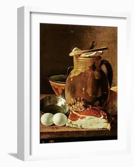 Still Life with Ham, Eggs, Bread, Frying Pan and Pitcher-Luis Egidio Melendez-Framed Giclee Print