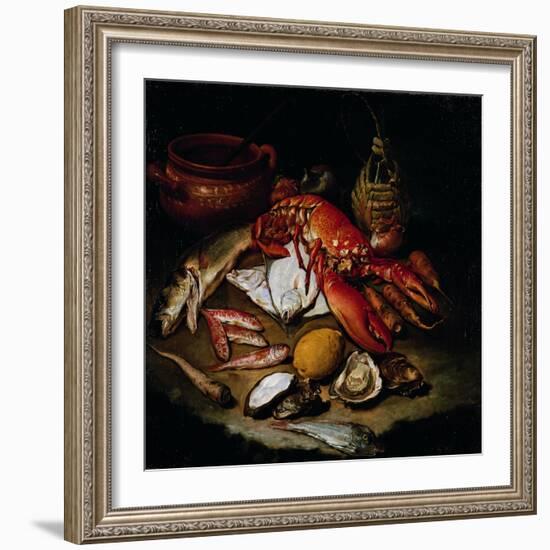 Still Life with Herring, Lobster, Turbots, Mullets, Oysters, Sea Hen, Lemon, and Brickwork Pot-Hayez Francesco-Framed Giclee Print