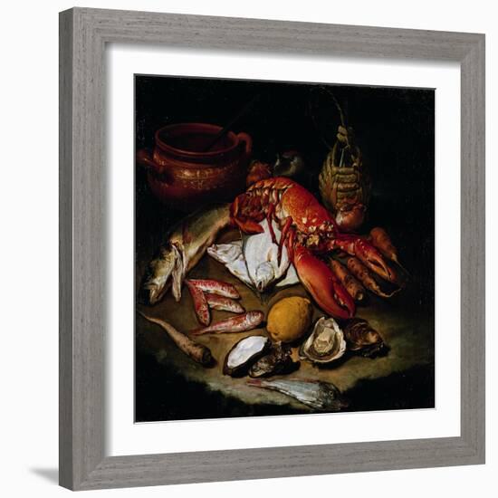 Still Life with Herring, Lobster, Turbots, Mullets, Oysters, Sea Hen, Lemon, and Brickwork Pot-Hayez Francesco-Framed Giclee Print