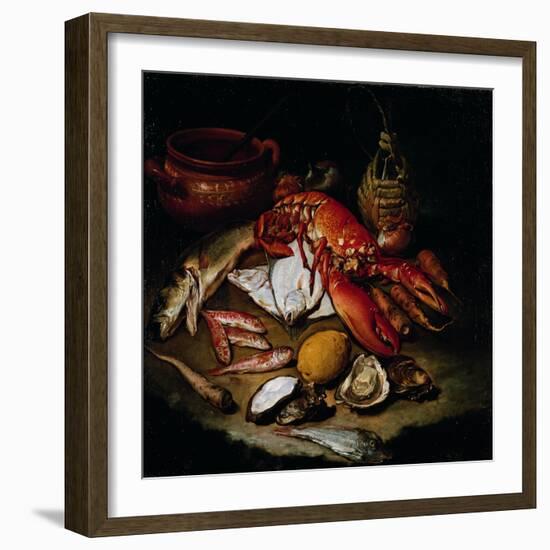 Still Life with Herring, Lobster, Turbots, Mullets, Oysters, Sea Hen, Lemon, and Brickwork Pot-Hayez Francesco-Framed Giclee Print