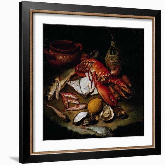 Still Life with Herring, Lobster, Turbots, Mullets, Oysters, Sea Hen, Lemon, and Brickwork Pot-Hayez Francesco-Framed Giclee Print