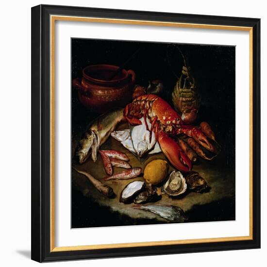 Still Life with Herring, Lobster, Turbots, Mullets, Oysters, Sea Hen, Lemon, and Brickwork Pot-Hayez Francesco-Framed Giclee Print