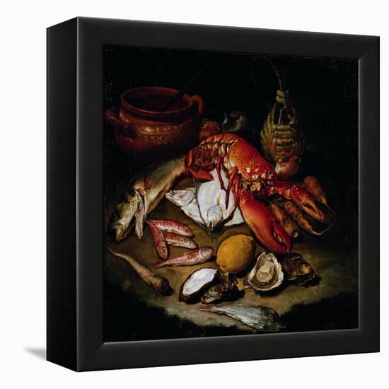 Still Life with Herring, Lobster, Turbots, Mullets, Oysters, Sea Hen, Lemon, and Brickwork Pot-Hayez Francesco-Framed Premier Image Canvas