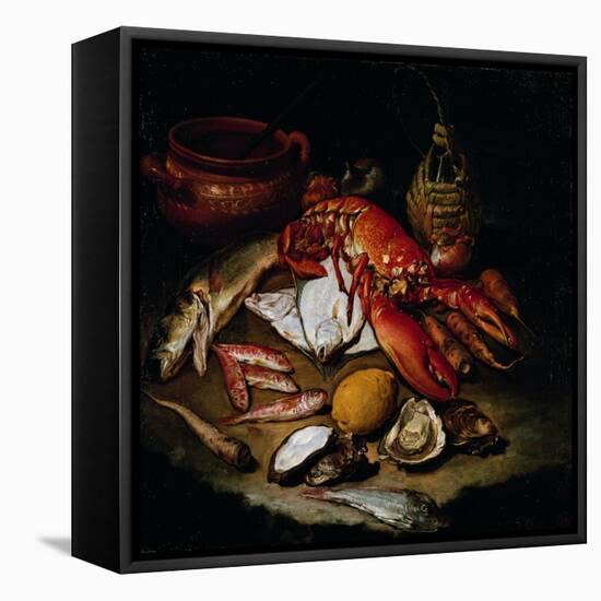 Still Life with Herring, Lobster, Turbots, Mullets, Oysters, Sea Hen, Lemon, and Brickwork Pot-Hayez Francesco-Framed Premier Image Canvas