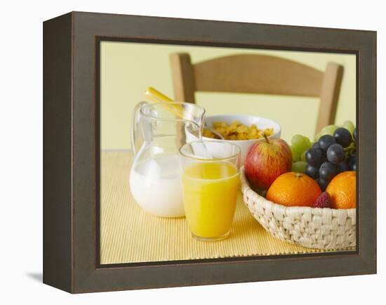 Still Life with Juice, Fruit, Milk and Cornflakes-Kai Schwabe-Framed Premier Image Canvas