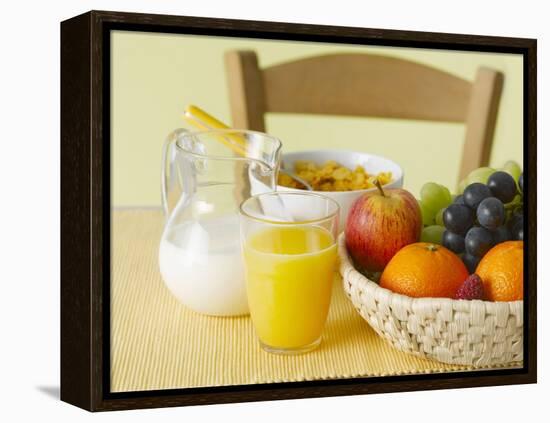 Still Life with Juice, Fruit, Milk and Cornflakes-Kai Schwabe-Framed Premier Image Canvas