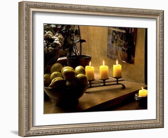 Still Life with Lighted Candles and Bowl of Lemons in Coffee Shop, Tallinn, Estonia-Nancy & Steve Ross-Framed Photographic Print