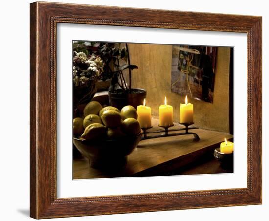 Still Life with Lighted Candles and Bowl of Lemons in Coffee Shop, Tallinn, Estonia-Nancy & Steve Ross-Framed Photographic Print