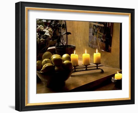 Still Life with Lighted Candles and Bowl of Lemons in Coffee Shop, Tallinn, Estonia-Nancy & Steve Ross-Framed Photographic Print