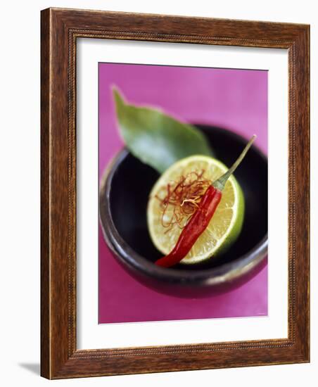 Still Life with Lime, Chili, Saffron and Kaffir Lime Leaf-Jean Cazals-Framed Photographic Print