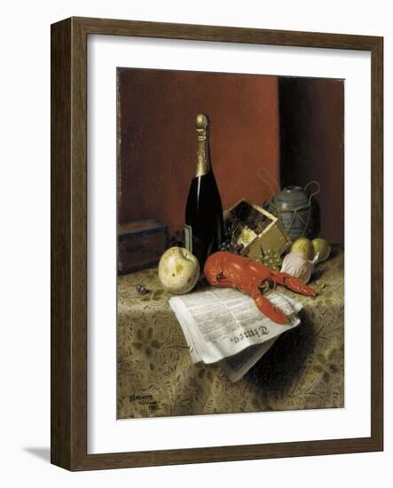 Still Life with Lobster, Fruit, Champagne and Newspaper, 1882-William Michael Harnett-Framed Giclee Print