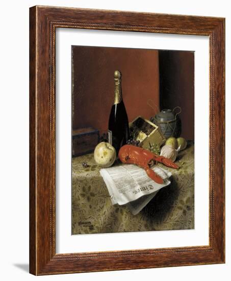 Still Life with Lobster, Fruit, Champagne and Newspaper, 1882-William Michael Harnett-Framed Giclee Print