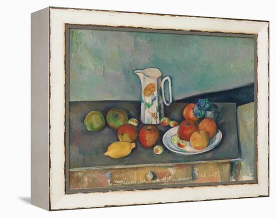 Still life with milk jug and fruit on a table. Ca. 1890-Paul Cézanne-Framed Premier Image Canvas