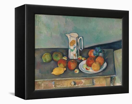 Still life with milk jug and fruit on a table. Ca. 1890-Paul Cézanne-Framed Premier Image Canvas