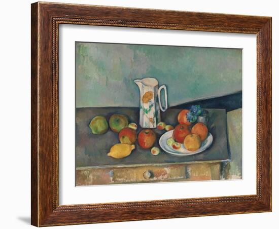 Still life with milk jug and fruit on a table. Ca. 1890-Paul Cézanne-Framed Giclee Print