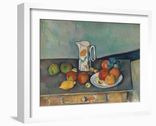 Still life with milk jug and fruit on a table. Ca. 1890-Paul Cézanne-Framed Giclee Print