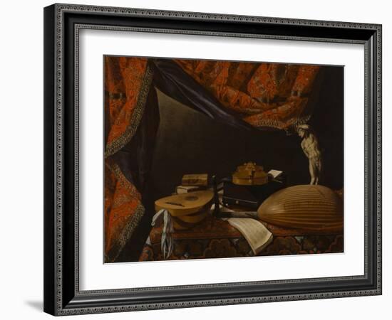 Still Life with Musical Instruments, Books and Sculpture, C. 1650-Evaristo Baschenis-Framed Giclee Print