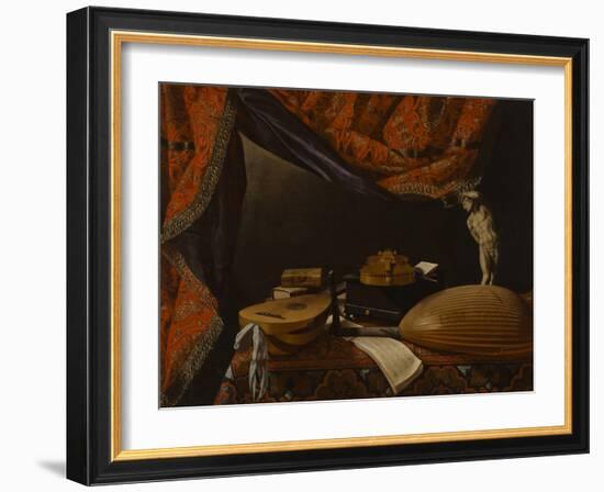 Still Life with Musical Instruments, Books and Sculpture, C. 1650-Evaristo Baschenis-Framed Giclee Print