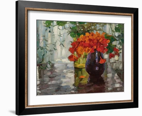 Still Life with Nasturtium in A Blue Vase (Oil on Canvas)-Alexander Koester-Framed Giclee Print